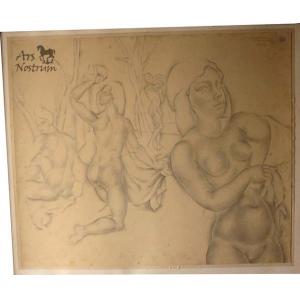 Quatre baigneuses (1922) drawing by Mariano Andreu
